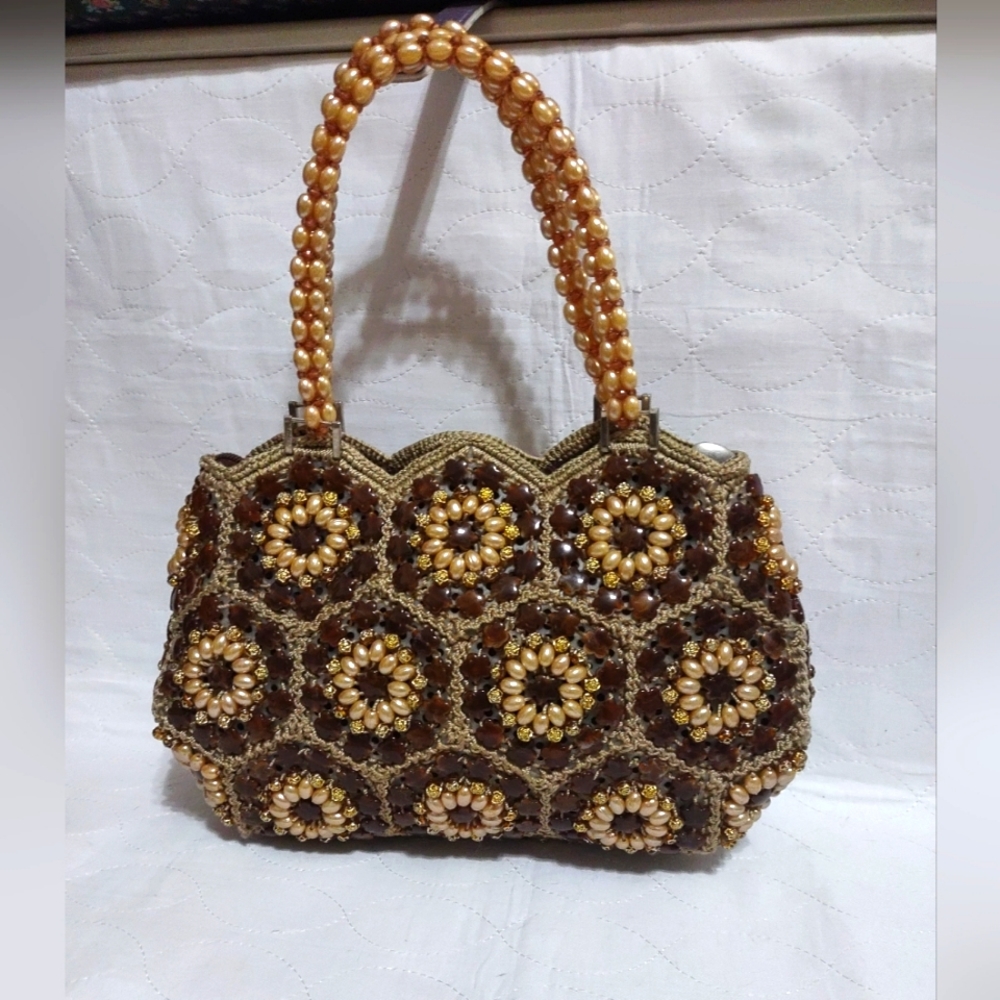 Multi-color Full Hand Beaded & Crochet Purse With Double Handle